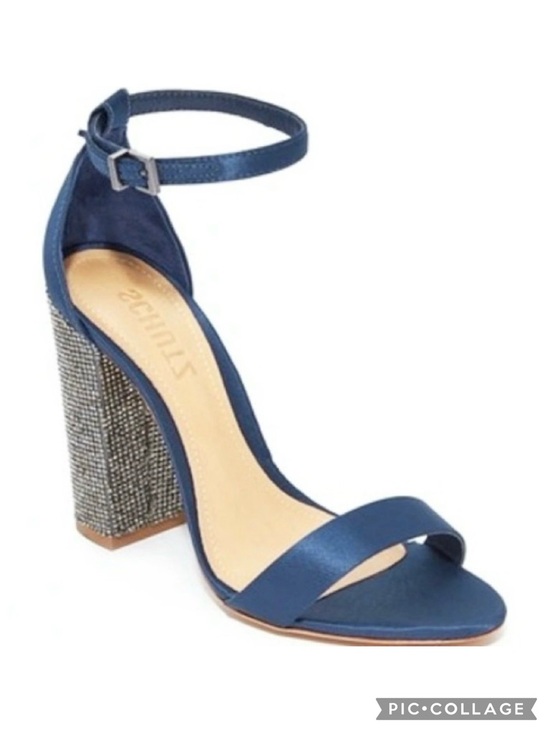 SCHUTZ Shoes - Schutz Hara Sandals Blue Satin Rhinestone Block Heel Ankle Strap 6 Cocktail Glam